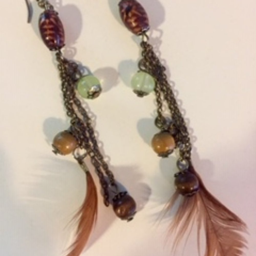 Boho Long Chain Beads and Feather Earrings